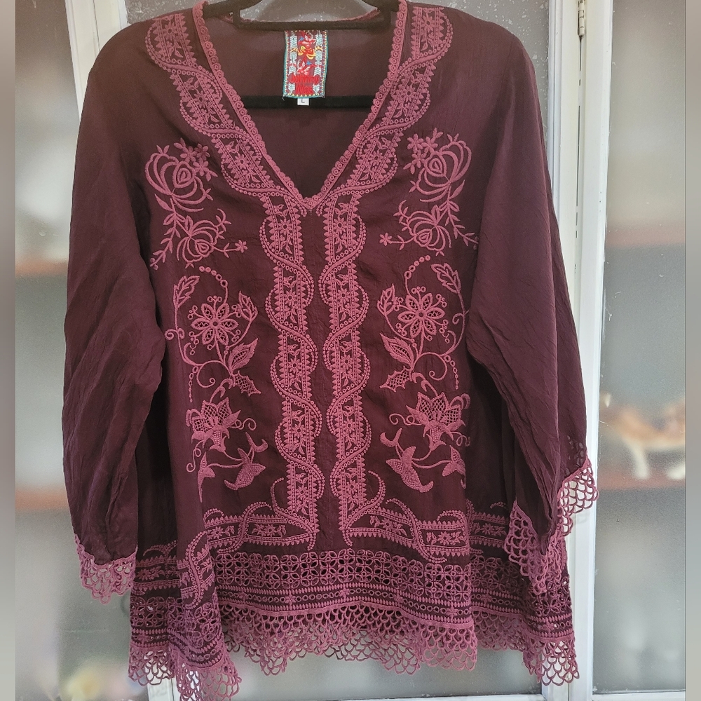 Johnny Was Embroidered V-Neck Top - Burgundy